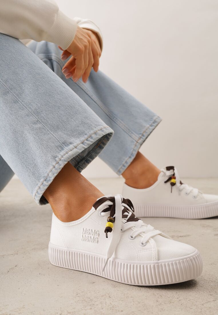 Białe Niskie Trampki z Podwójnymi Sznurówkami na Tłoczonej Platformie Astedella