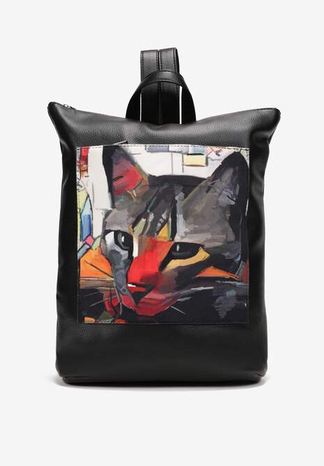 Czarny Plecak Miejski z Kolorowym Printem z Kotem Elberita
