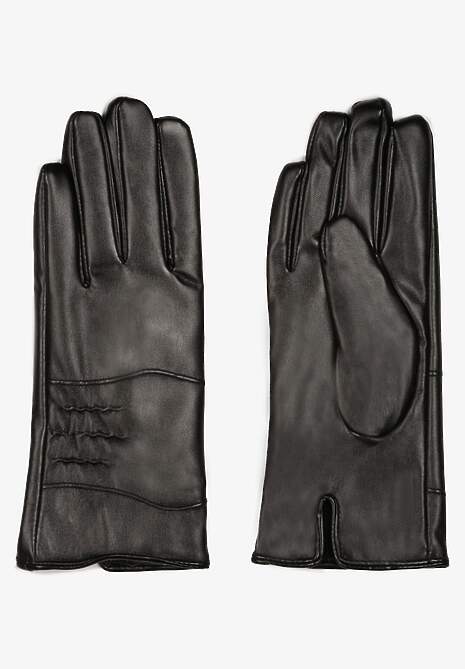 Czarne Rękawiczki z Imitacji Skóry z Marszczeniami Dalavai
