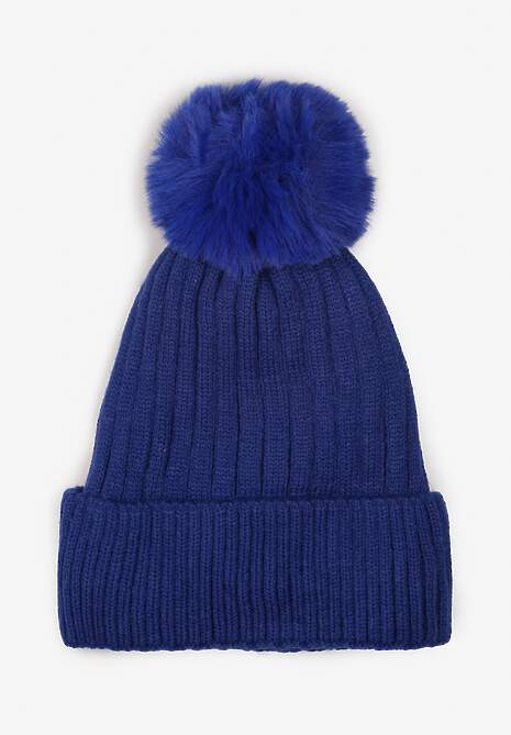 Căciulă Tricotată Bleumarin din Viscoză cu Pompon din Blană Huded