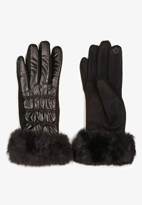 Czarne Pikowane Rękawiczki z Wiskozy i Bawełny z Futerkiem Warelia
