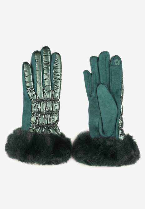 Zielone Pikowane Rękawiczki z Wiskozy i Bawełny z Futerkiem Warelia