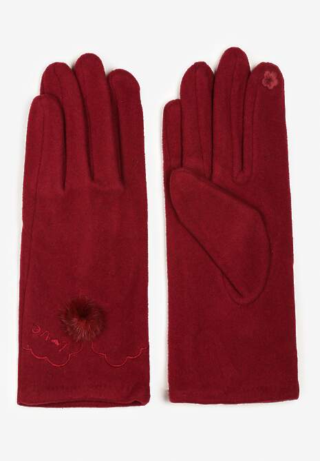 Czerwone Rękawiczki z Bawełny i Wiskozy z Pomponem i Haftem Gralinne