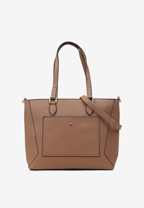 Ciemnobeżowa Torebka Shopper z Ekoskóry z Naszytymi Kieszonkami Fiorata
