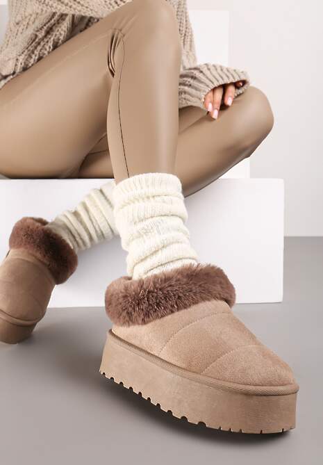Ciemnobeżowe Śniegowce na Grubej Podeszwie z Ociepleniem z Futerka Tirisha 4