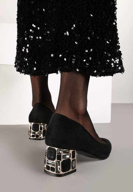 Czarne Czółenka Vices na Słupku Ozdobionym Kamieniami ze Skórzaną Wkładką Savelia 4