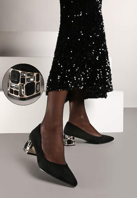 Czarne Czółenka Vices na Słupku Ozdobionym Kamieniami ze Skórzaną Wkładką Savelia