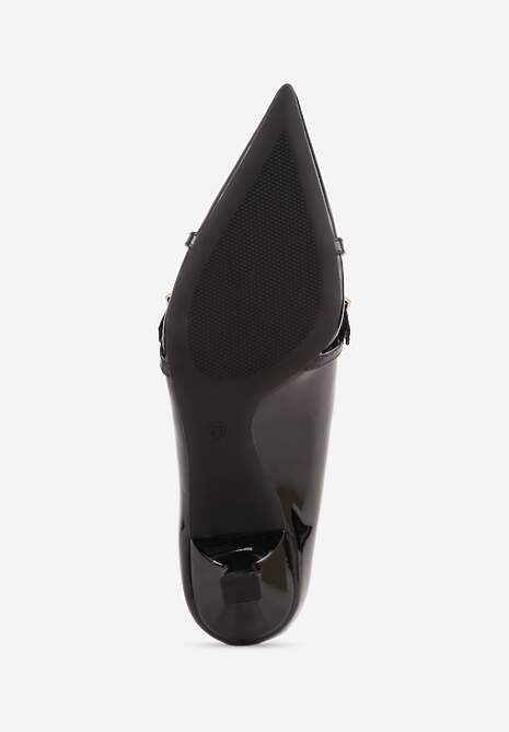 Czarne Czółenka Lakierowane na Szpilce w Stylu Kaczuszki Ozdobione Paskami Laloma 7