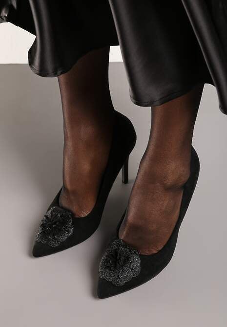 Czarne Szpilki Vices z Wkładką ze Skóry Naturalnej i Kwiatową Aplikacją z Cyrkoniami Retania 4