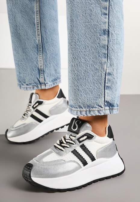 Biało-Srebrne Sneakersy Vices na Platformie z Metalicznymi Paskami Lenela 4