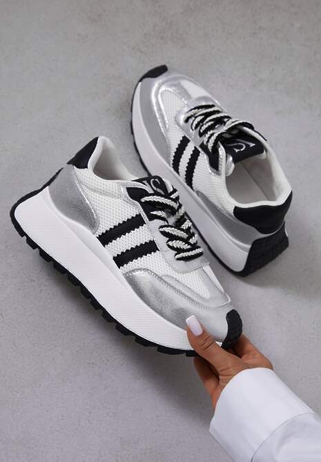 Biało-Srebrne Sneakersy Vices na Platformie z Metalicznymi Paskami Lenela
