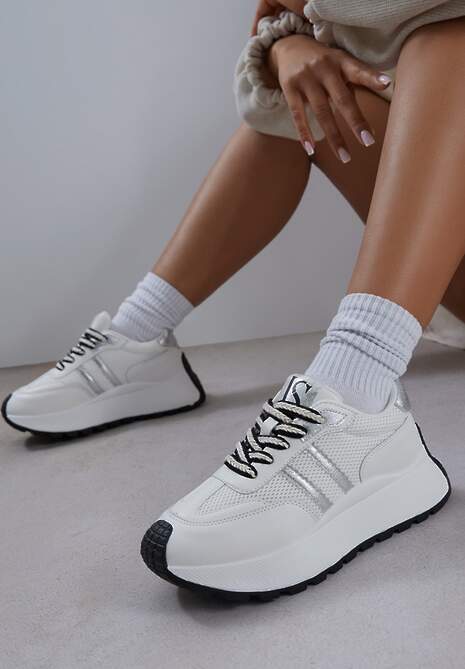 Białe Sneakersy Vices na Platformie z Metalicznymi Paskami Lenela