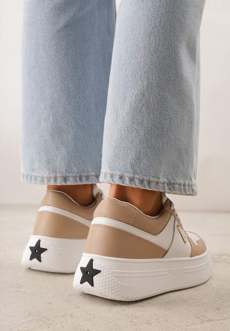 Beżowo-Białe Sneakersy Vices na Platformie z Perforacją i Geometryczną Aplikacją Vilvesia 4