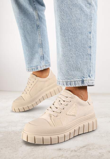 Beżowe Sneakersy Vices na Platformie z Ozdobą i Napisem Leawen