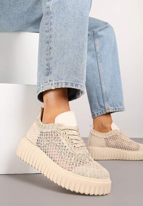 Beżowe Sneakersy Vices na Platformie z Ażurową Cholewką Lumerise
