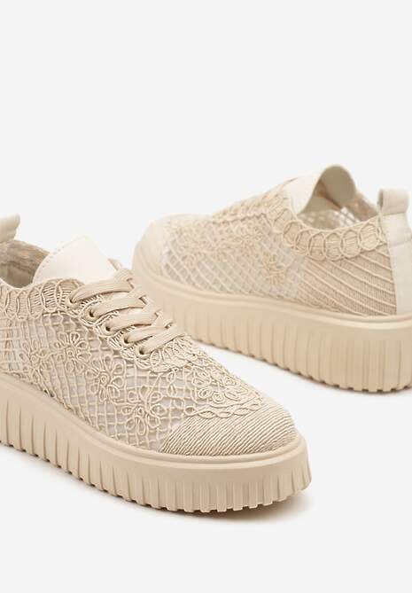 Beżowe Sneakersy Vices na Platformie z Ażurową Cholewką Lumerise 6