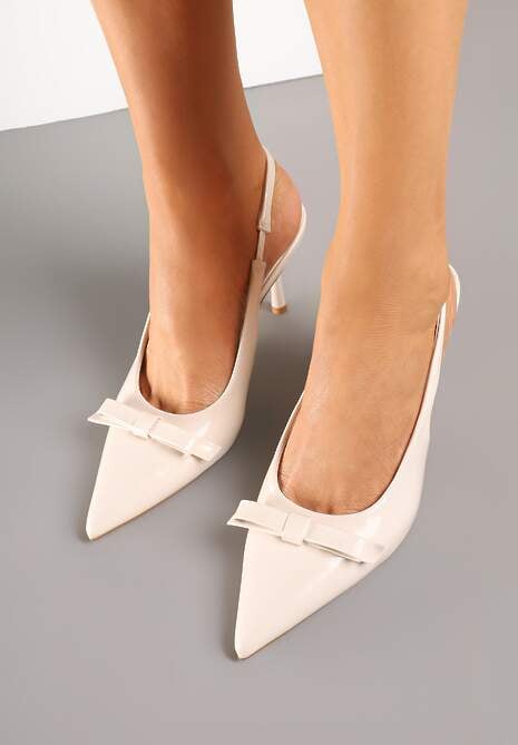 Beżowe Lakierowane Sandały Szpilki Vices Typu Slingback z Kokardą Dorozia 4