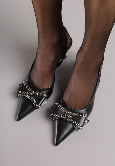 Czarne Czółenka Sandały Vices na Kaczuszce Slingback z Kokardą i Nitami Fennadia 4