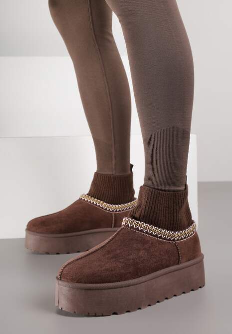 Brązowe Śniegowce VICES na Platformie ze Skarpetkową Cholewką i Haftem Ebentia 4