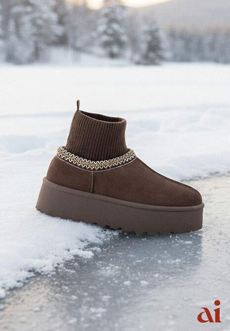 Brązowe Śniegowce VICES na Platformie ze Skarpetkową Cholewką i Haftem Ebentia