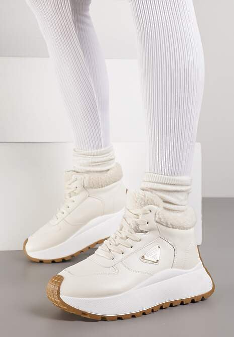 Beżowe Sneakersy Śniegowce Vices na Platformie Ozdobione Trójkątną Aplikacją Ficebia 4