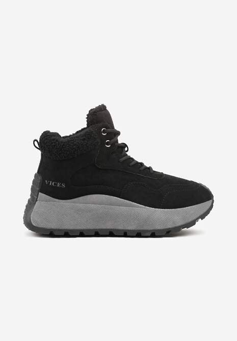 Czarne Sneakersy Śniegowce Vices na Platformie Ozdobione Napisem i Futerkiem Lanite 4