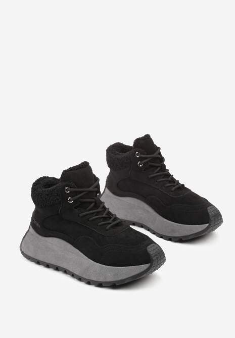 Czarne Sneakersy Śniegowce Vices na Platformie Ozdobione Napisem i Futerkiem Lanite 5