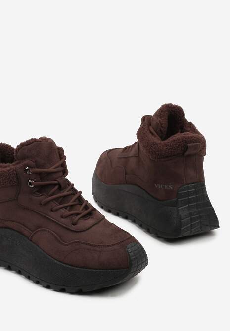 Brązowe Sneakersy Śniegowce Vices na Platformie Ozdobione Napisem i Futerkiem Lanite 6