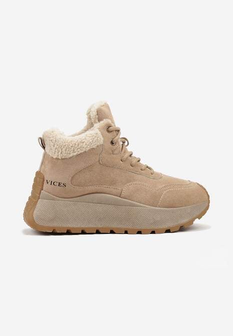 Jasnobrązowe Sneakersy Śniegowce  Vices na Platformie Ozdobione Napisem i Futerkiem Lanite 4