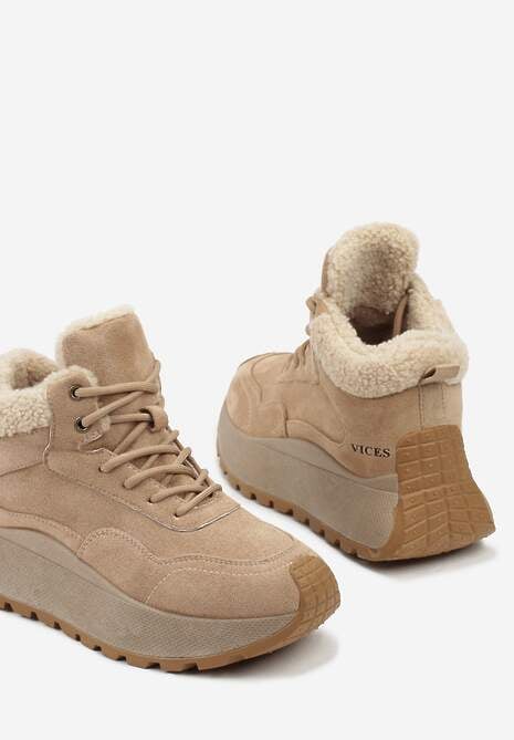 Jasnobrązowe Sneakersy Śniegowce  Vices na Platformie Ozdobione Napisem i Futerkiem Lanite 6
