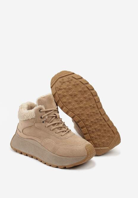 Jasnobrązowe Sneakersy Śniegowce  Vices na Platformie Ozdobione Napisem i Futerkiem Lanite 7