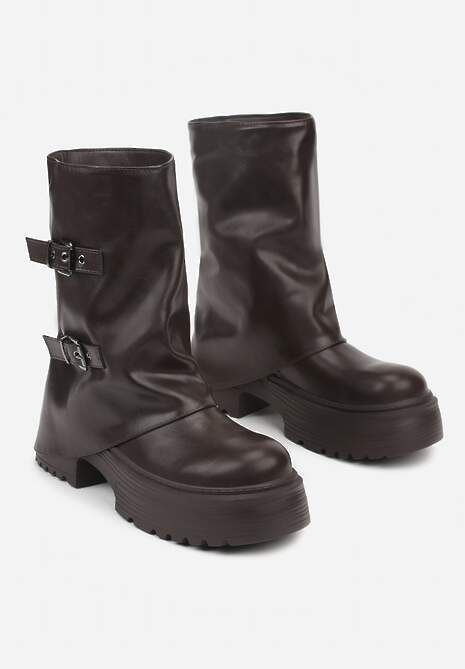Ciemnobrązowe Botki Biker Vices z Wywiniętą Cholewką Platformą i Klamrami Reinila 5