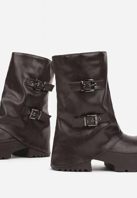 Ciemnobrązowe Botki Biker Vices z Wywiniętą Cholewką Platformą i Klamrami Reinila 6