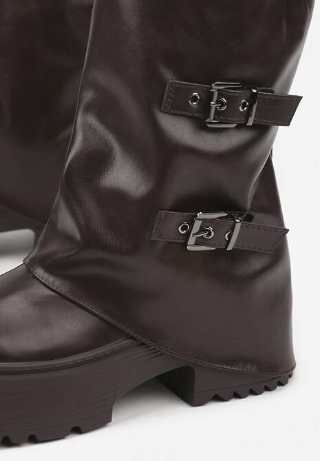 Ciemnobrązowe Botki Biker Vices z Wywiniętą Cholewką Platformą i Klamrami Reinila 7