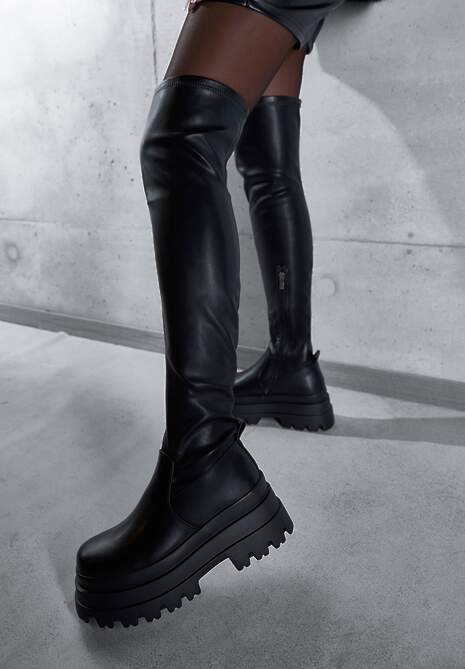 Czarne Wysokie Kozaki Vices w Stylu Chunky z Dopasowaną Cholewką Ceterie