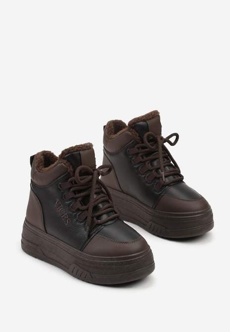 Czarno-Brązowe Sneakersy Śniegowce Vices na Tłoczonej Platformie z Napisem Olinnea 5