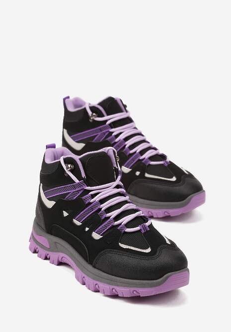 Czarno-Fioletowe Buty Trekkingowe Traperki Vices ze Sznurowaną Cholewką Afellie 5