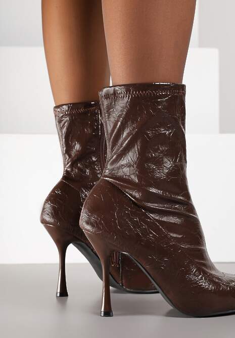 Brązowe Tłoczone Botki do Kostki Vices na Szpilce w Eleganckim Stylu Tadvire 4