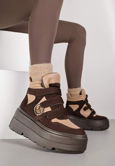 Beżowo-Brązowe Botki Sneakersy Vices na Platformie w Stylu Y2K Gelira