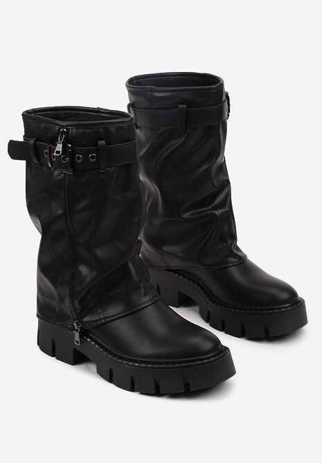 Czarne Botki Biker Boots z Cholewką Imitującą Nogawkę z Klamerką Veresta 5