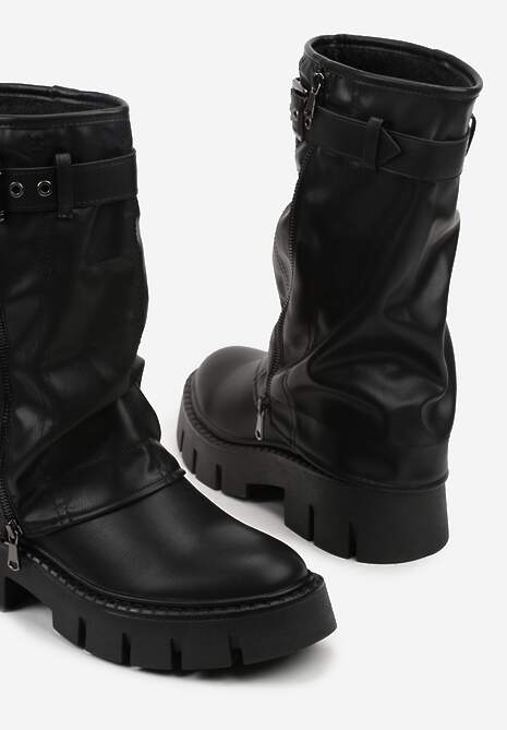 Czarne Botki Biker Boots z Cholewką Imitującą Nogawkę z Klamerką Veresta 6
