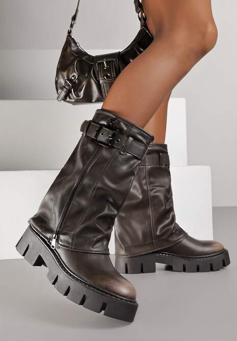 Brązowe Botki Biker Boots z Cholewką Imitującą Nogawkę z Klamerką Veresta