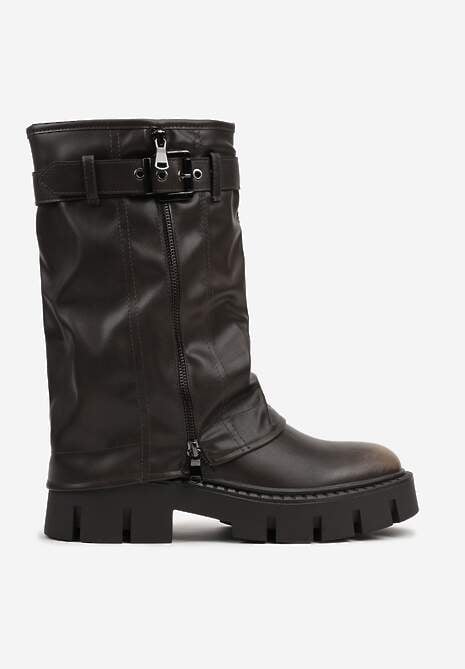 Brązowe Botki Biker Boots z Cholewką Imitującą Nogawkę z Klamerką Veresta 4