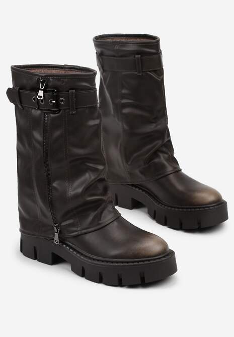 Brązowe Botki Biker Boots z Cholewką Imitującą Nogawkę z Klamerką Veresta 5