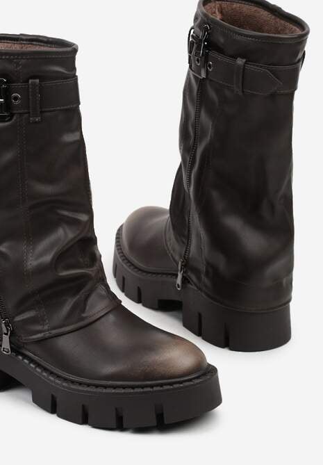 Brązowe Botki Biker Boots z Cholewką Imitującą Nogawkę z Klamerką Veresta 6