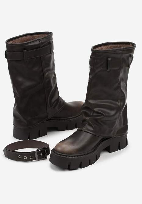 Brązowe Botki Biker Boots z Cholewką Imitującą Nogawkę z Klamerką Veresta 7