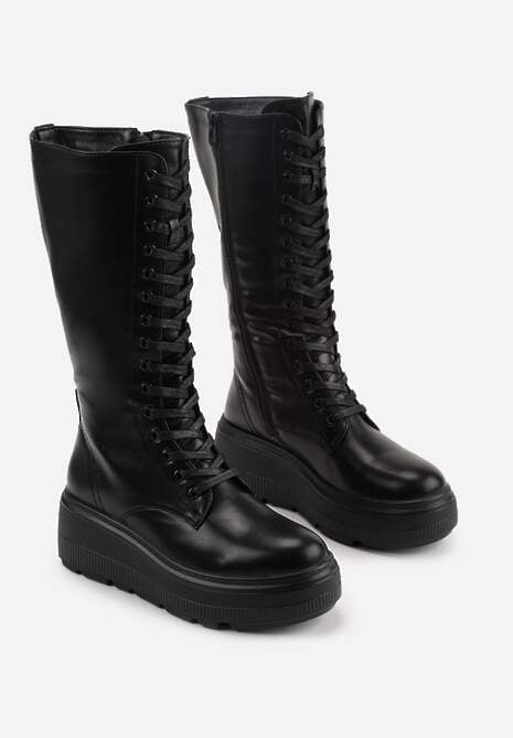 Czarne Kozaki Grunge na Platformie ze Sznurowaną Cholewką Ilomare 5
