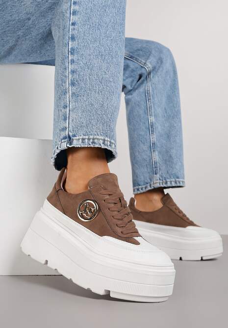 Ciemnobeżowe Chunky Sneakersy Vices na Platformie z Okrągłym Detalem Sedvira