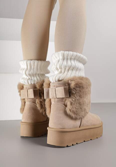 Ciemnobeżowe Śniegowce z Cholewką za Kostkę Ocieplane z Futerkiem i Małą Kokardą Reinedia 4