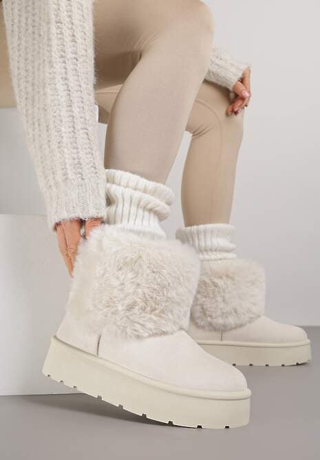 Beżowe Śniegowce z Cholewką za Kostkę Ocieplane z Futerkiem i Małą Kokardą Reinedia 4